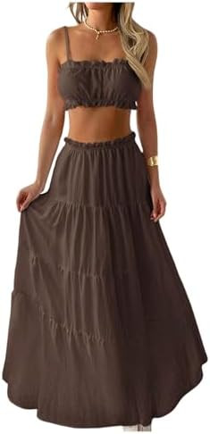 WDIRARA Women's 2 Piece Vacation Outfits Ruffle Micro Crop Camisole Flowy Long Skirts Sets | Amazon (US)