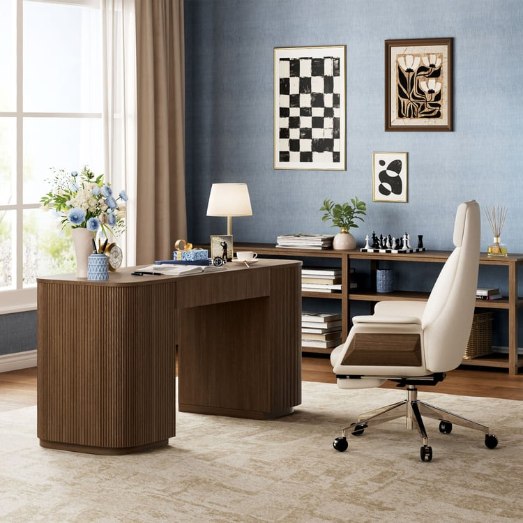 Modern Walnut Standing Desk with 2 Doors & Ample Storage, Executive Office Desk (59.8'')｜Homary | Homary