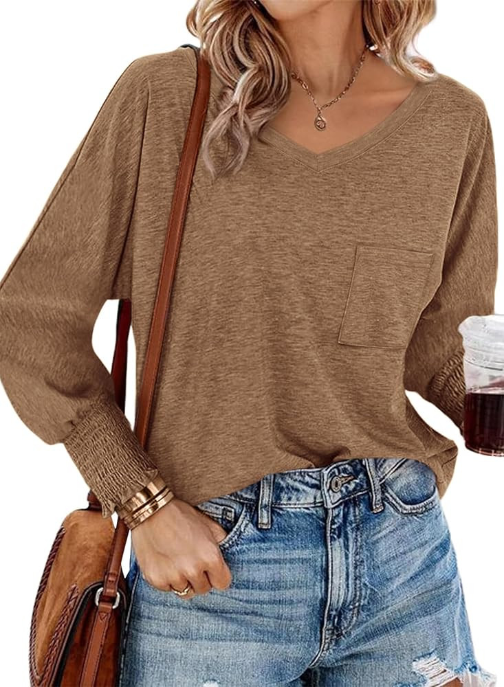 BTFBM Long Sleeve Shirts for Women Dressy Casual Loose V Neck Smocked Puff Sleeve Tops Blouses Fa... | Amazon (US)