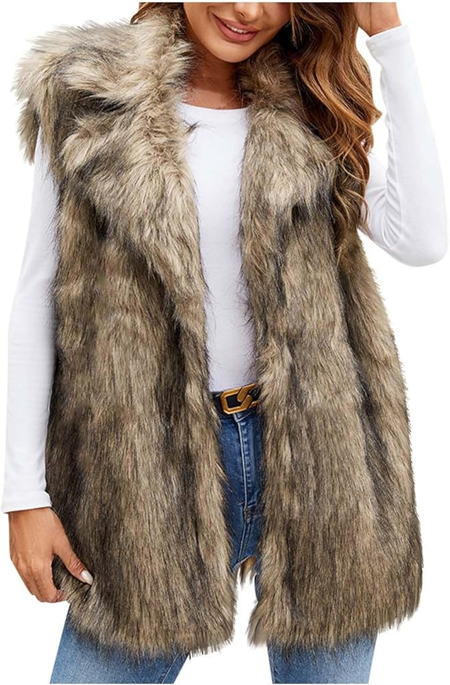 Womens Faux Fur Vest 2024 Dressy Sleeveless Winter Warm Waistcoat Open Front Lapel Collar Plush B... | Amazon (US)