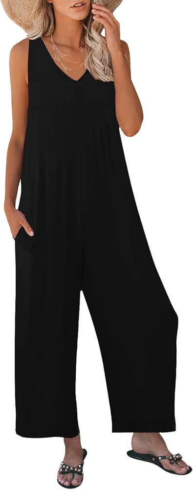 Nfsion Women's Summer Casual Loose Tank Jumpsuit Sleeveless V Neck Long Pants Jumpsuit Romper wit... | Amazon (US)