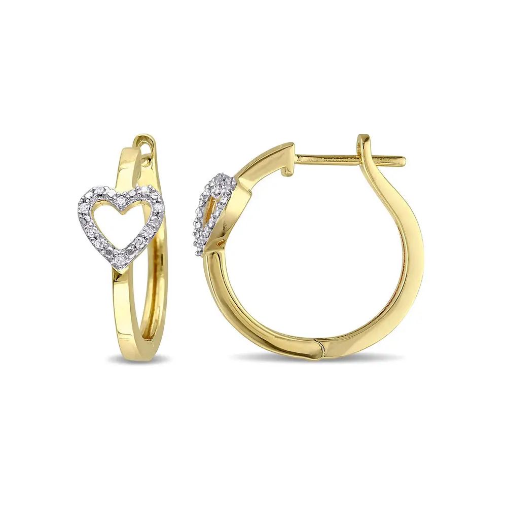 1/10 CT. T.W. Diamond Mini Heart Hoop Earrings in Gold Plated Sterling Silver | MYKA