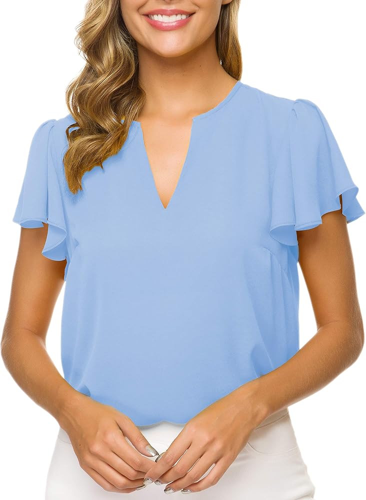 Women's Casual Ruffled V Neck Chiffon Blouse Short Sleeve Office Work Elegant Shirt Vintage Basic... | Amazon (US)
