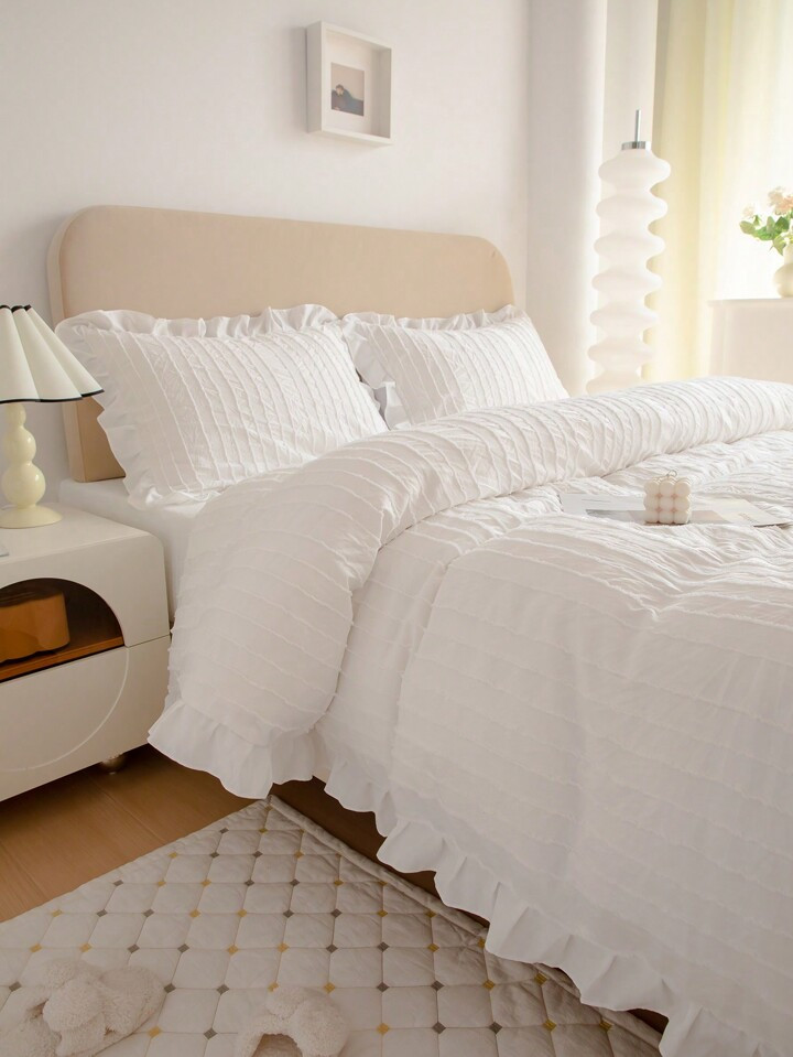 3pcs Bohemian Striped Embroidered Bedding Set With Ruffled Edges (1 Duvet Cover + 2 Pillowcases) ... | SHEIN