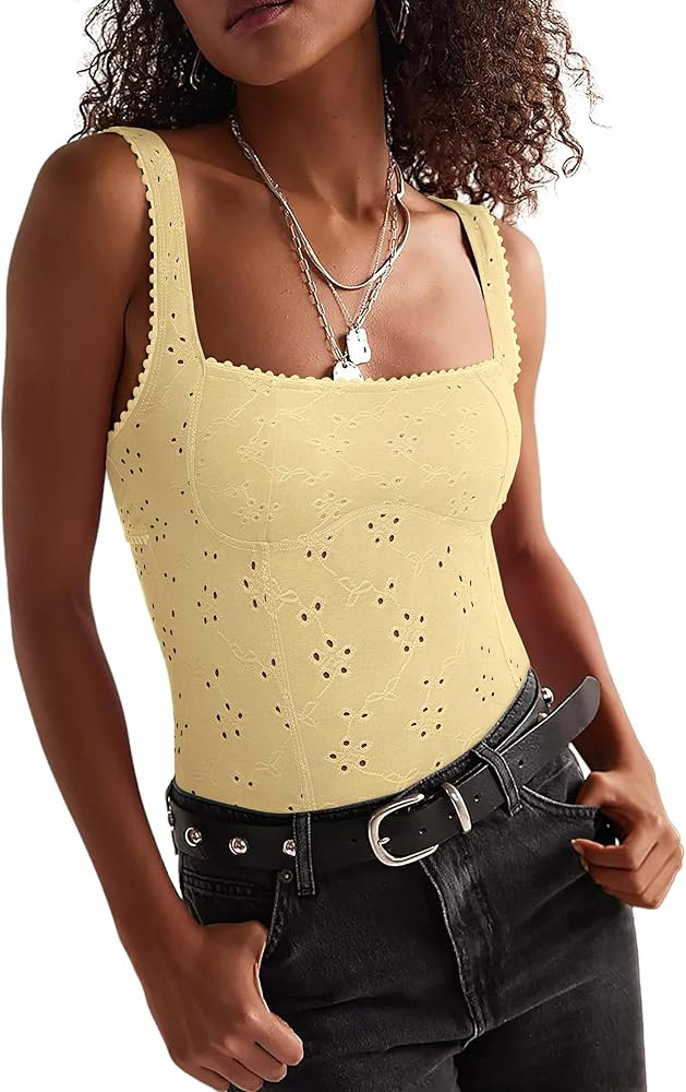 AGSEEM Open Back Eyelet Tank Top for Women Square Neck Y2K Slim Fit Backless Tops Picot Trim Cami... | Amazon (US)