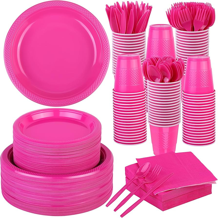 ADXCO 700 Pieces Hot Pink Party Supplies Disposable Dinnerware Set Including Plastic Plates Cups ... | Amazon (US)