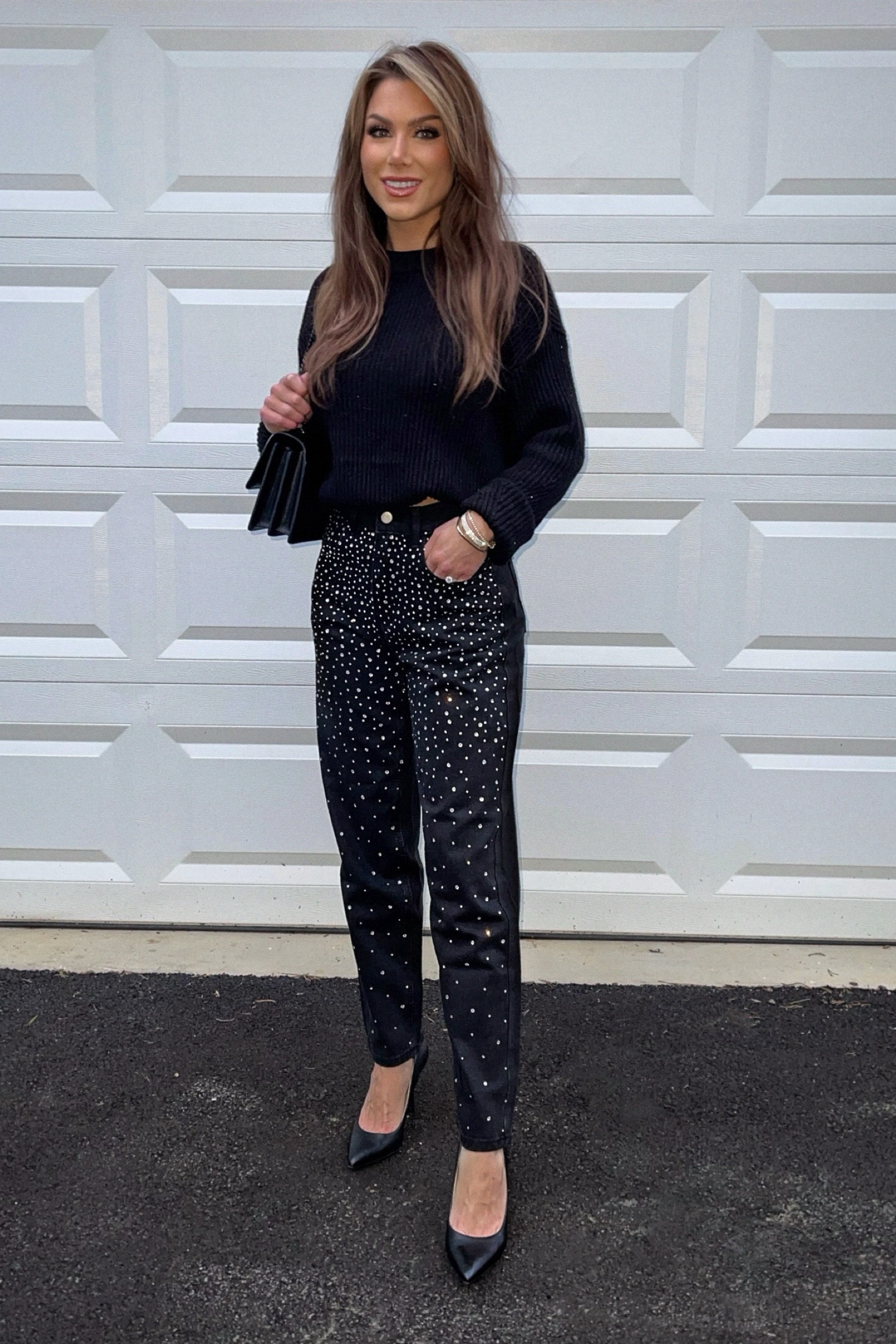Date night outfit, winter outfit, rhinestone denim, rhinestone jeans, sweater, 

#LTKfindsunder100 #LTKstyletip #LTKSeasonal