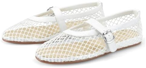 Mesh Ballet Flats for Women Fishnet Ballerina Flats Buckle Strap Mesh Ballet Shoes Wide Width Cas... | Amazon (UK)