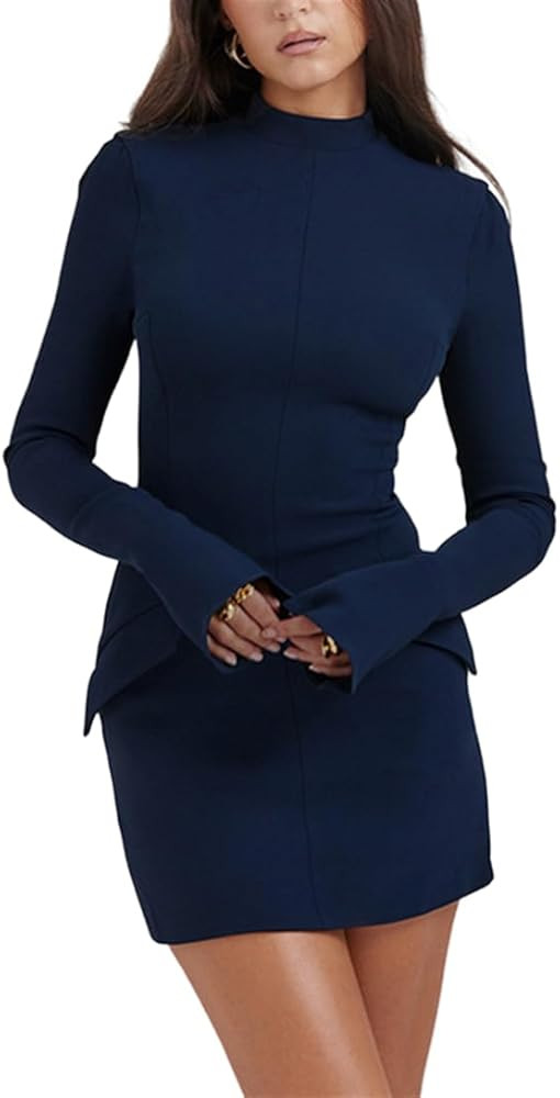 Useagrey Women's Mock Neck Ribbed Bodycon Dress Long Sleeve Decorative Pocket Sheath Casual Mini ... | Amazon (US)