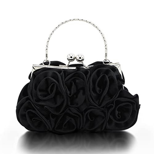 JAMBHALA Women Evening Clutch Bag Dressy Floral Satin Small Purses with Detachable Strap for Party, Prom, Formal,Black | Amazon (US)