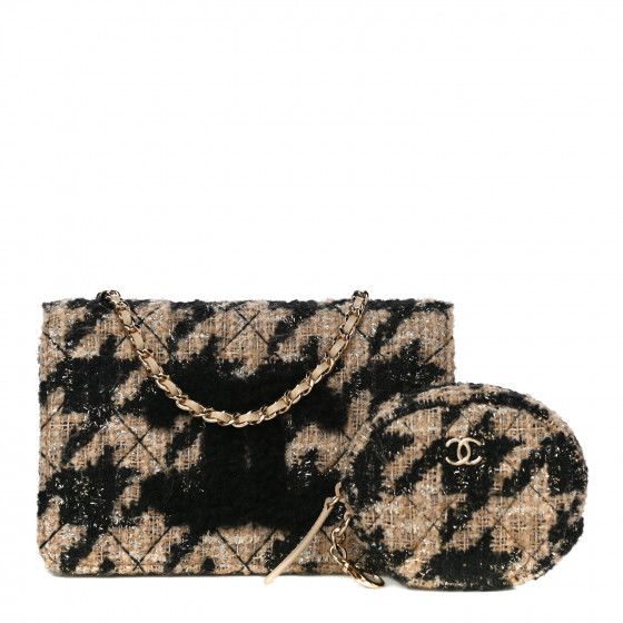 CHANEL Tweed Shearling Quilted Chanel Wallet On Chain WOC and Coin Purse Beige Black | Fashionphile