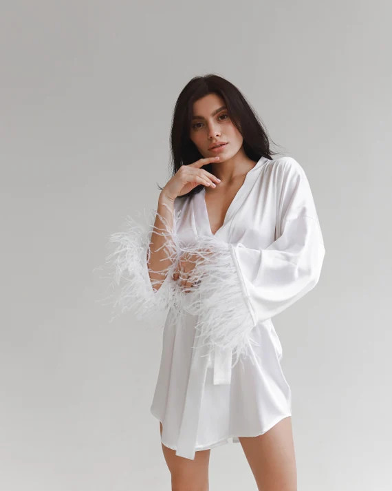 Pure Silk Kimono Robe With Feather Bride Robe White Short Robe | Etsy | Etsy (US)