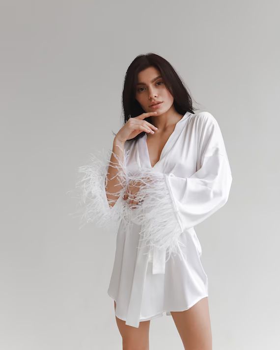 Pure Silk Kimono Robe With Feather Bride Robe White Short Robe | Etsy | Etsy (US)