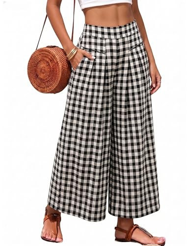 Athlisan Womens Summer Gingham Plaid Culottes Pants Elastic Waist Wide Leg Capri Pants Palazzo Trousers with Pockets(Black-M) | Amazon (US)