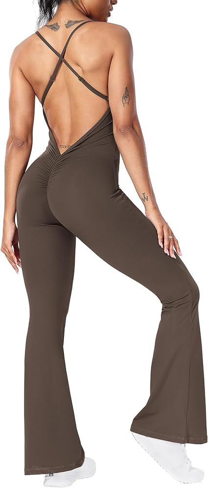 YEOREO Women Strappy Flare Jumpsuits Sexy V Back Backless Gym Workout Scrunch Butt Yoga Rompers | Amazon (US)