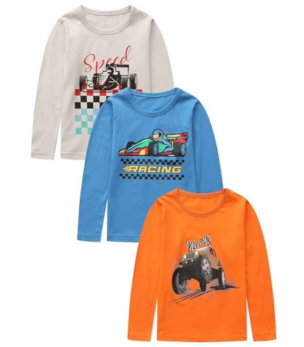 Boys Long Sleeve Tshirts Graphic Cotton Shirts Casual Tee Shirts Crewneck Tops for Boys 3 Pack White Blue Orange Racing Size 7 | Amazon (US)
