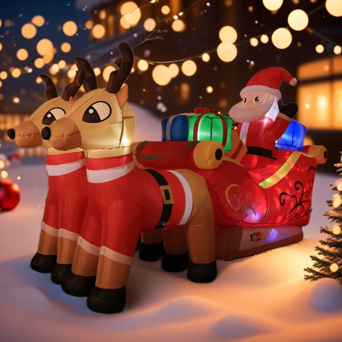 Inflatable Santa Sleigh With Two Reindeer And Gifts – 7.8 Feet Long With LED Lights | Wayfair North America