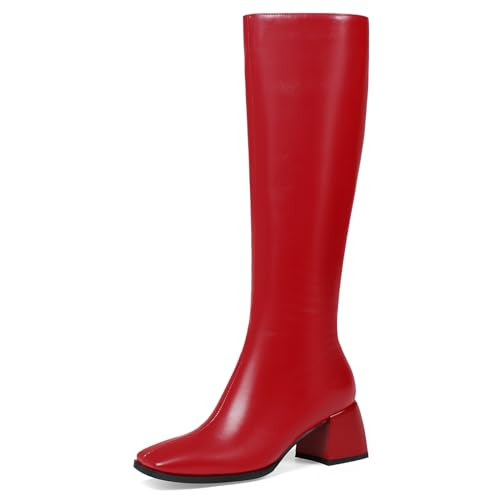 Abbleet Knee High Boots for Women 70s Boots with Chunky Heel, Square Toe Tall Boots Side Zipper Block Heel Dress Boots(Patent Red,6.5) | Amazon (US)