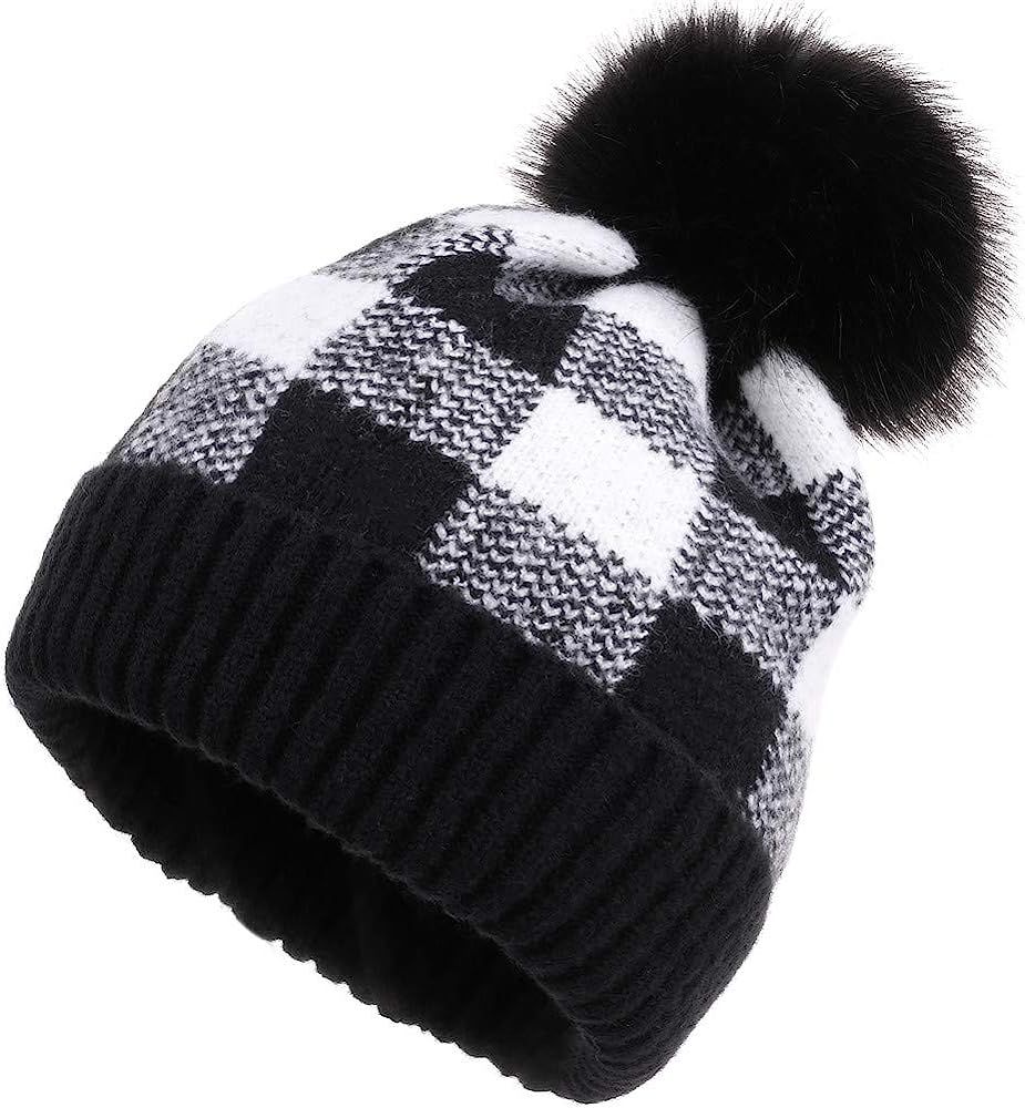 oaesc Women's Slouchy Beanie Hat with Fur Pompom Warm Winter Hat Buffalo Plaid Skull Ski Cap | Amazon (US)