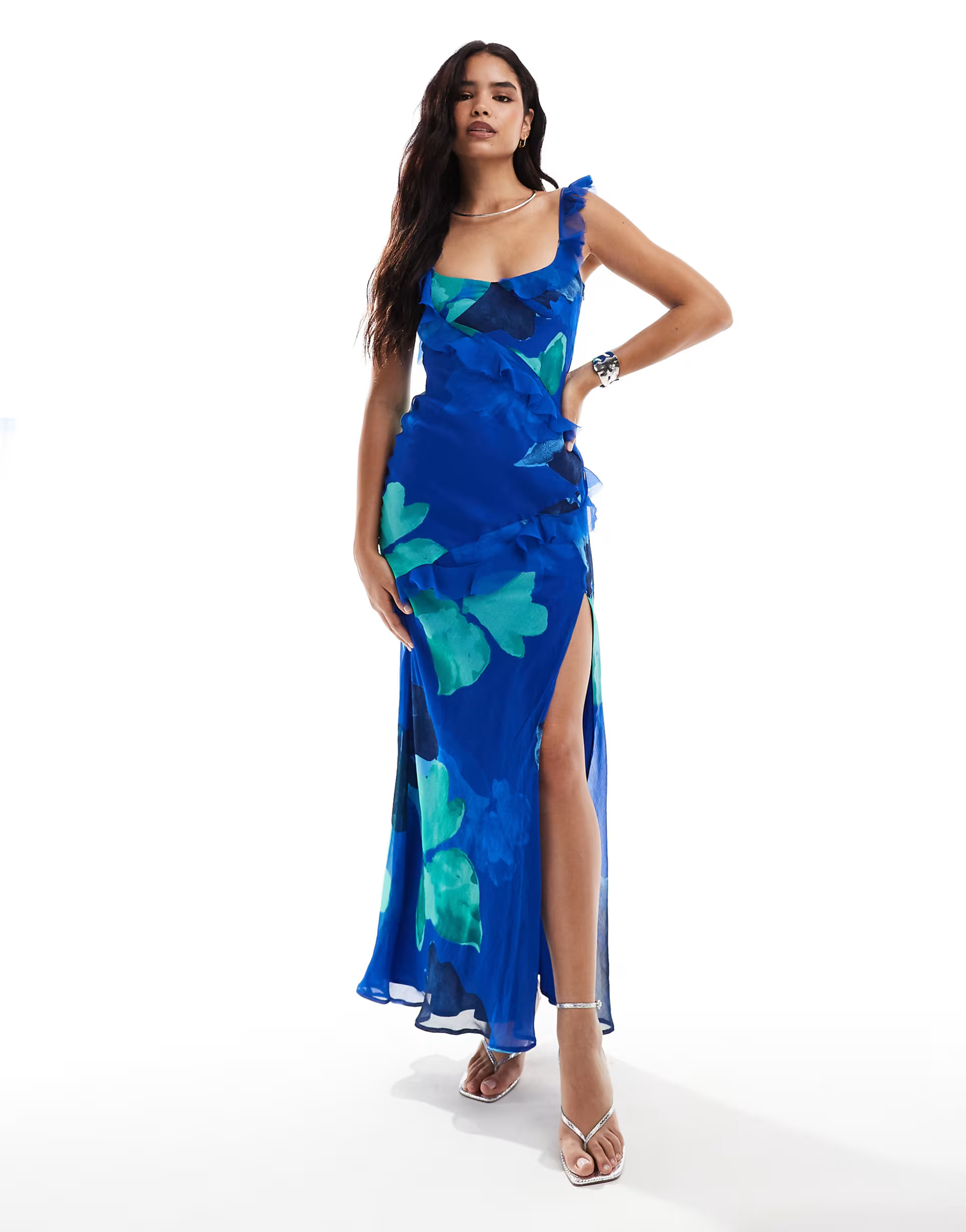 ASOS DESIGN raw edge frill maxi dress with tie back in bold blue floral print | ASOS | ASOS (Global)