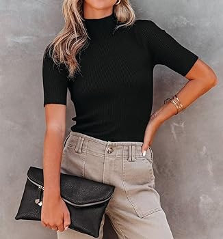 Lacozy Women Casual Basic Mock Neck Top Short Sleeve Shirt Slim Fit Ribbed Knit Pullover Sweater | Amazon (US)