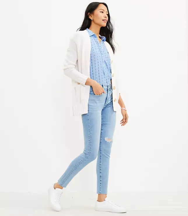 Frayed Mid Rise Skinny Jeans in Authentic Light Indigo Wash | LOFT