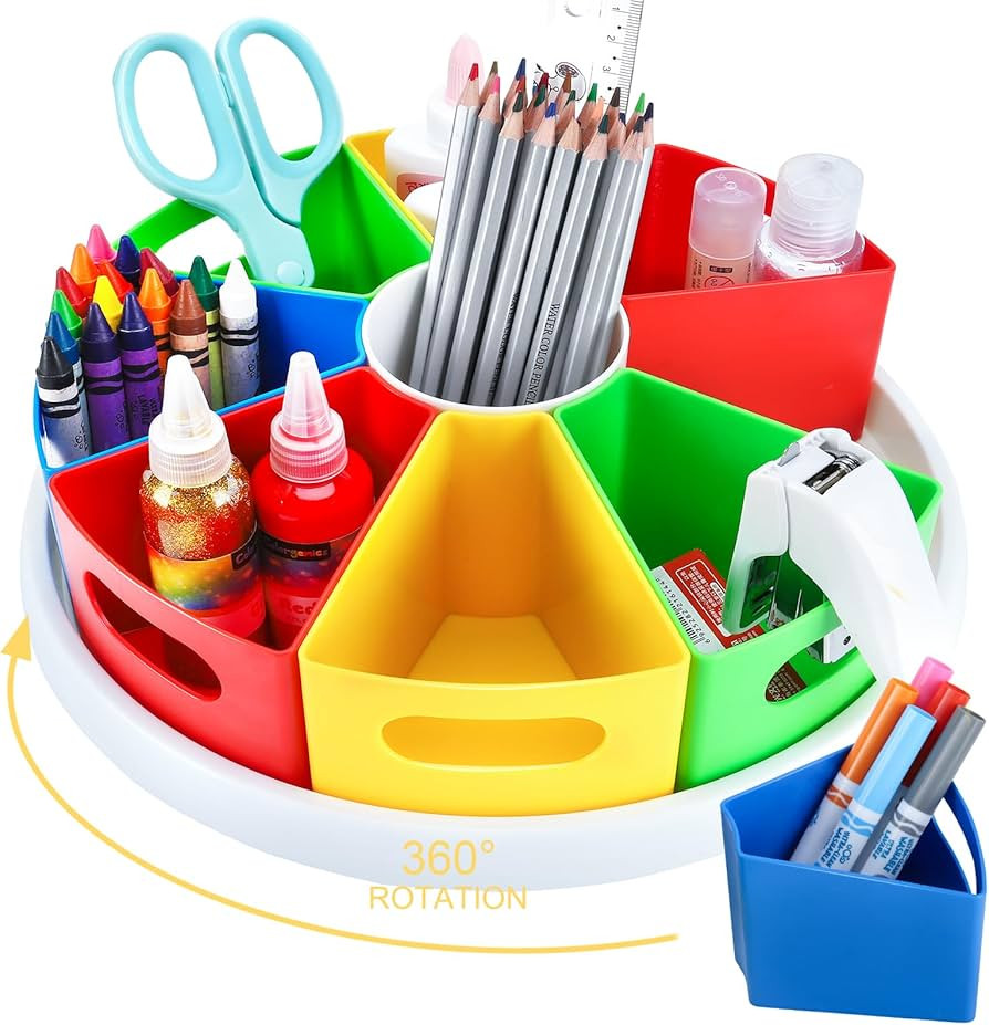 360 Degree Rotating Kids Desk Organizer, Colorful Art Supply Storage and Organization with 8 Remo... | Amazon (US)