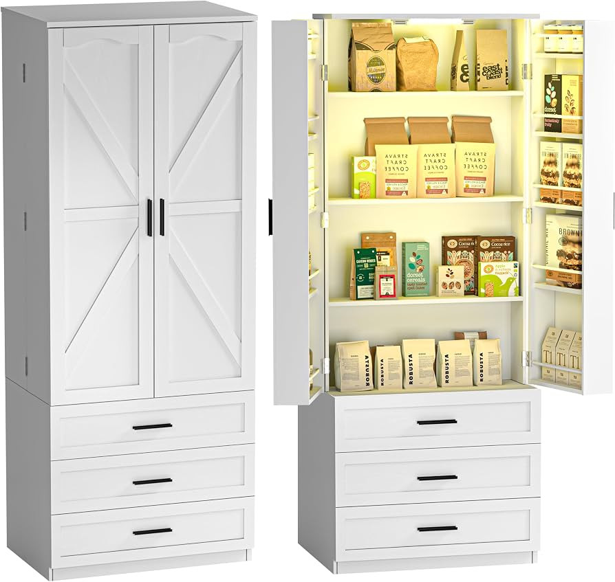 72" LED Kitchen Pantry Cabinet with 3 Drawers Farmhouse Tall Storage Cabinet Wood Food Pantry wit... | Amazon (US)