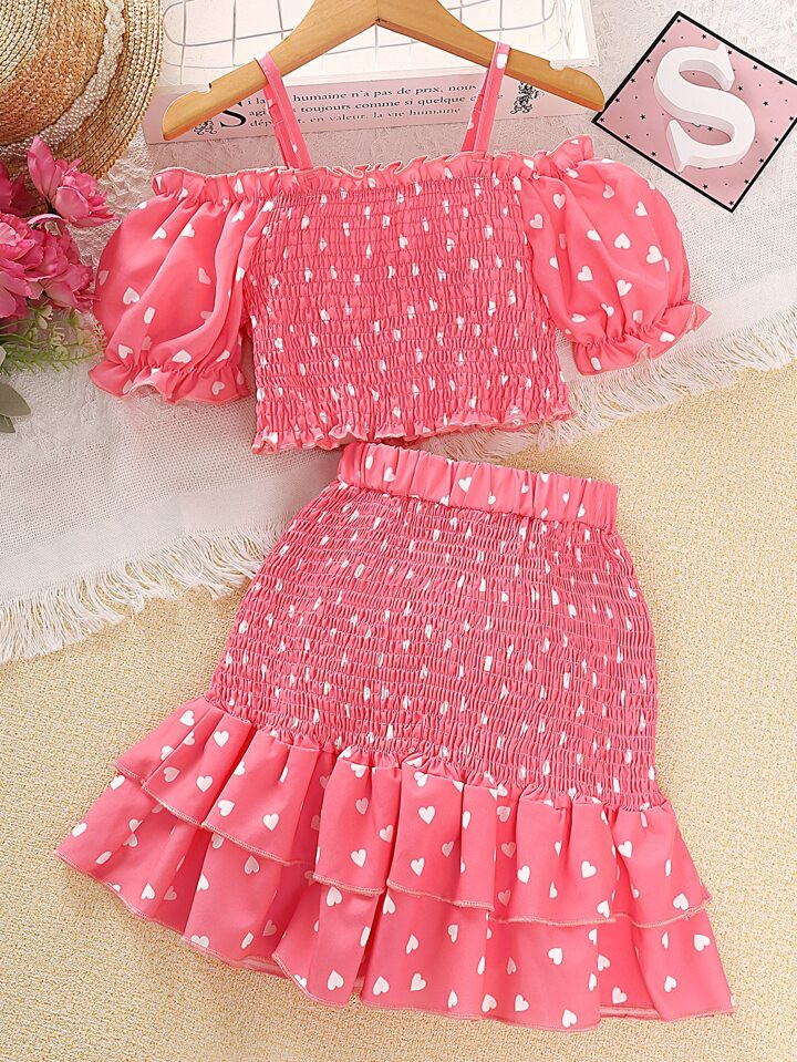 SHEIN Tween Girl Heart Print Cold Shoulder Puff Sleeve Top & Ruffle Hem Skirt | SHEIN