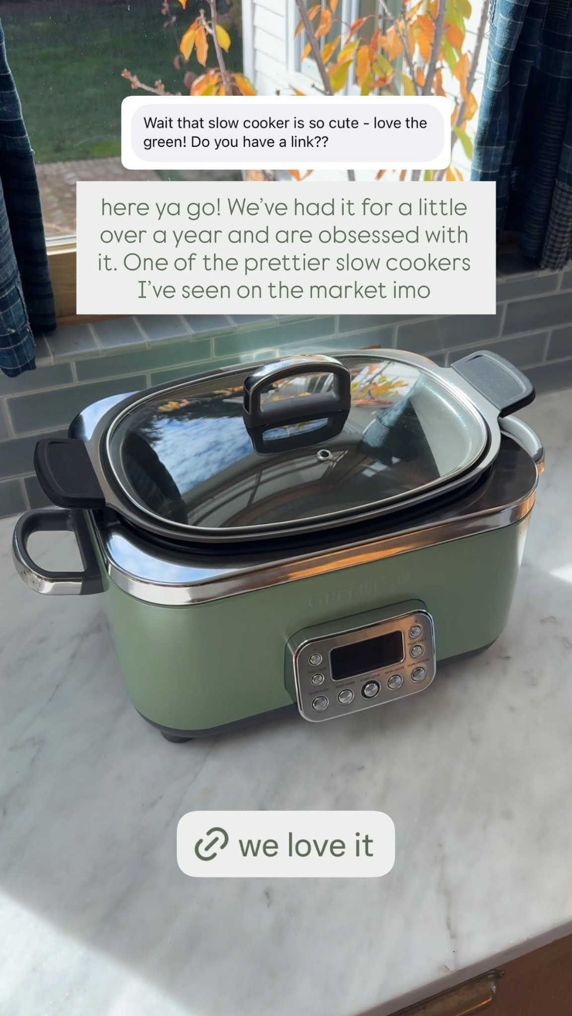 here ya go! We’ve had it for a little over a year and are obsessed with it. One of the prettier slow cookers I’ve seen on the market imo