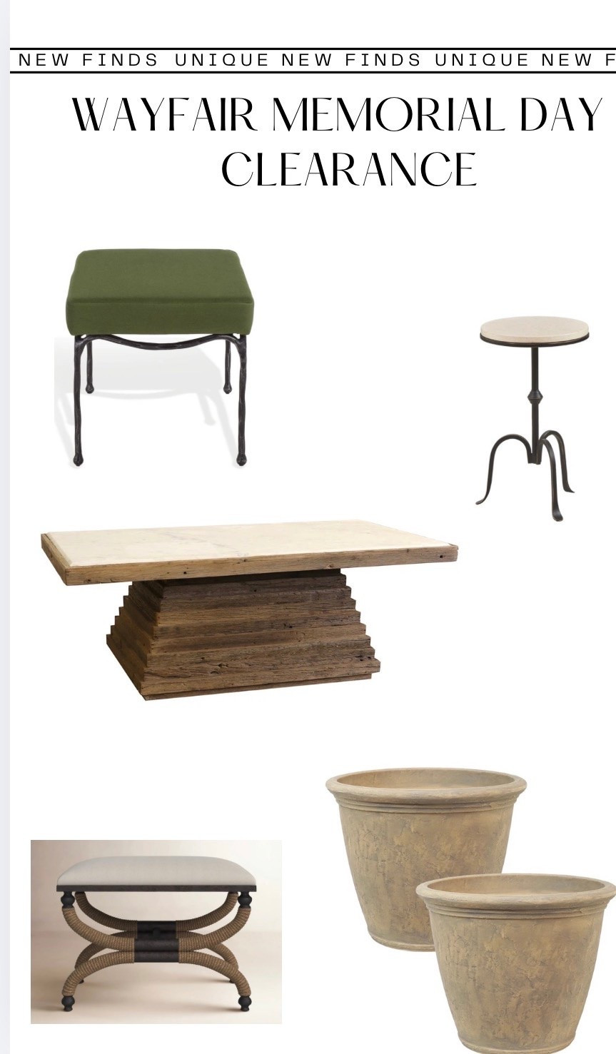 #ad @Wayfair   is having their Memorial Day Clearance with up to 70% off and free shipping over $35. Check out these gorgeous finds! Marble coffee table, side table, pots, and ottomans #Wayfair #WayfairPartner