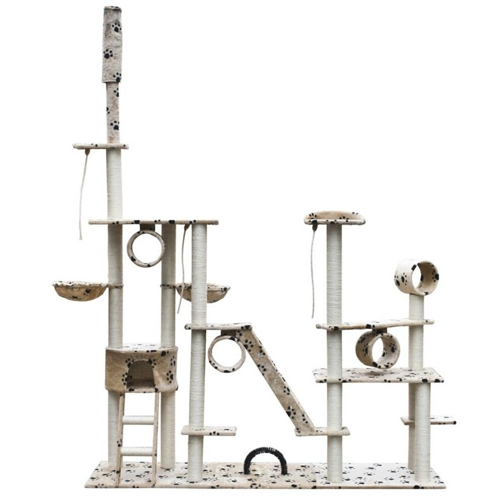 Cat Tree Deluxe 90" - 102" Beige with Paw Prints Plush | Bed Bath & Beyond