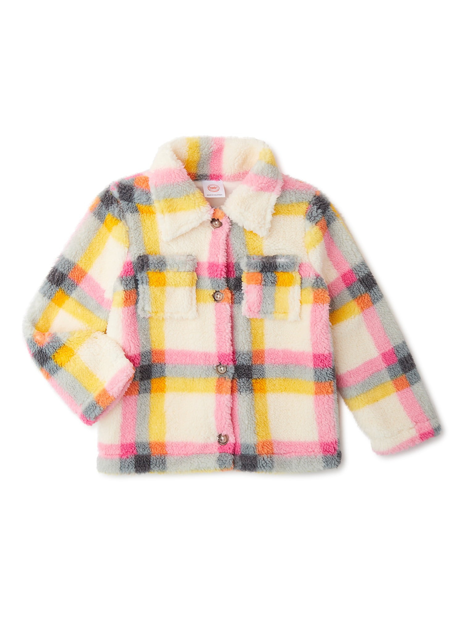 Wonder Nation Baby and Toddler Girl Faux Sherpa Plaid Jacket, Size 12M-5T | Walmart (US)