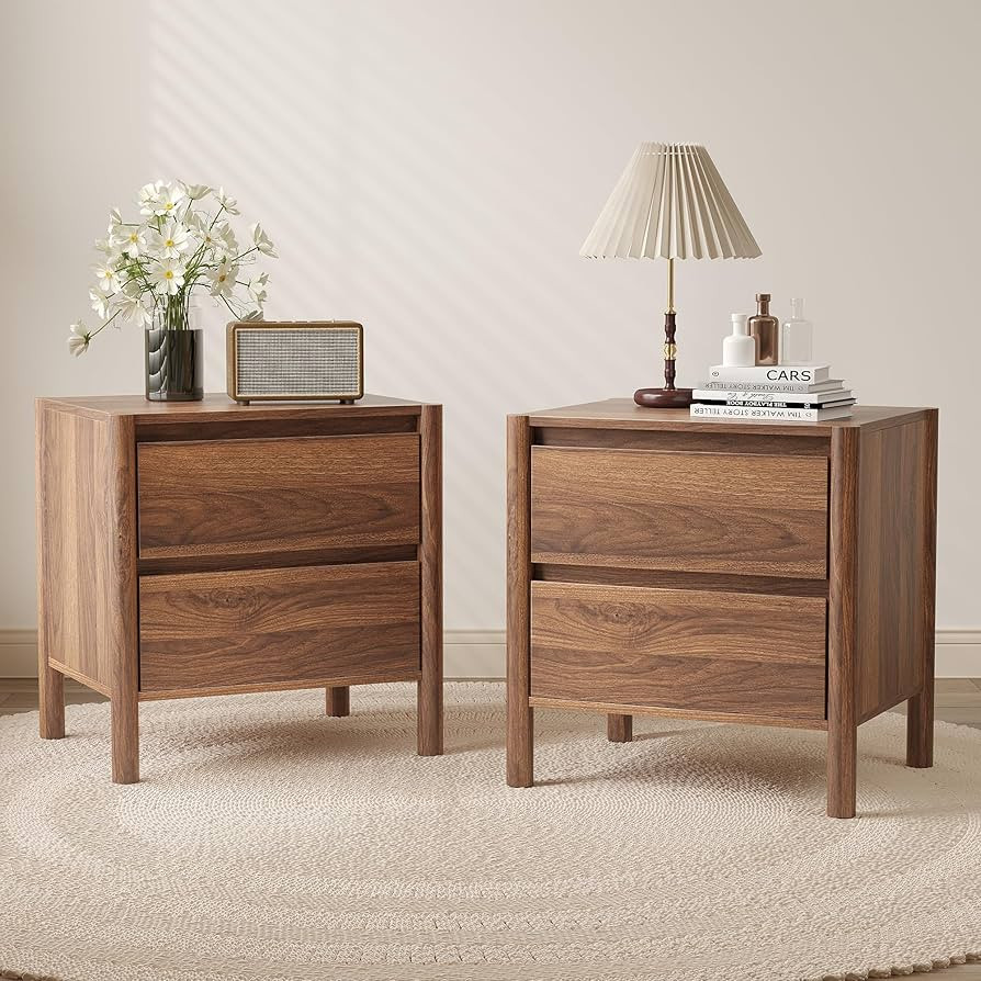 CHUWELL Mid Century Modern Walnut Nightstand Set of 2, 2-Drawer Bedside Table with 4 Solid Wood L... | Amazon (US)