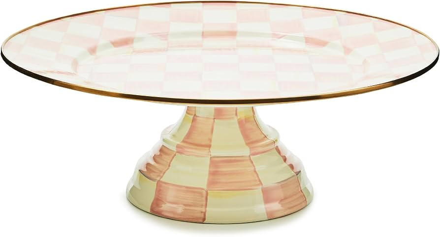 MACKENZIE-CHILDS Enamel Pedestal Platter, Round Cake Stand, Large, Pink-and-White Rosy Check | Amazon (US)
