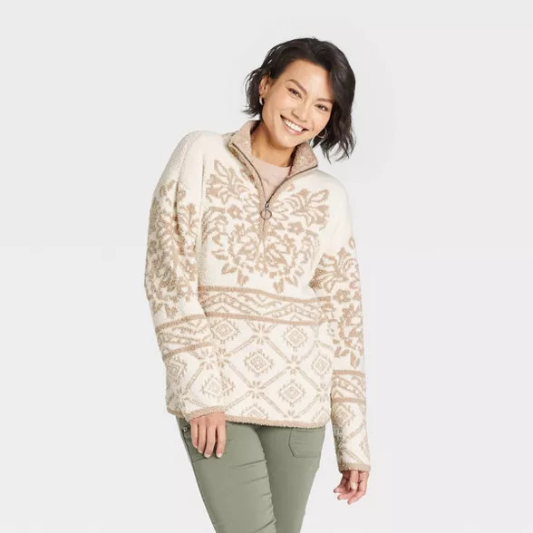 Women's Mock Turtleneck Quarter Zip Damask Pullover Sweater - Knox Rose™ Ivory L | Target