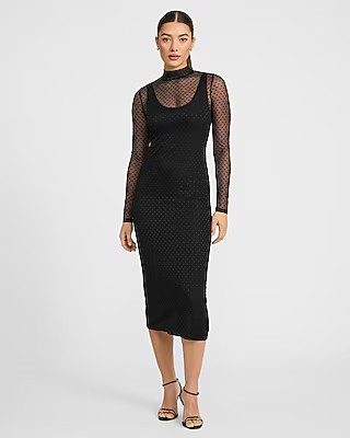 Polka Dot Mesh Mock Neck Long Sleeve Midi Dress | Express
