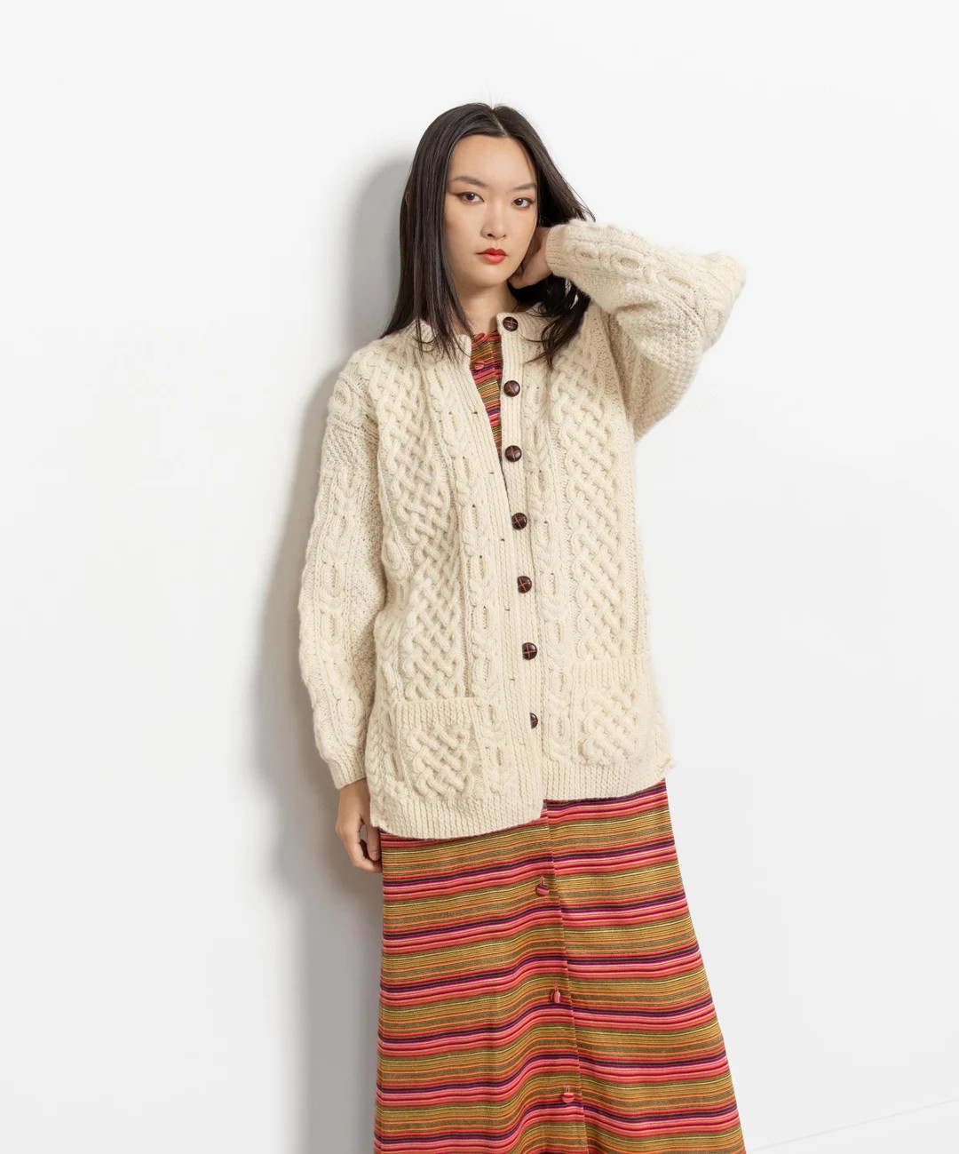 IRISH WOOL CARDIGAN Vintage Fisherman Cream Cable Knit Crew Neck Sweater 90's / Medium - Etsy | Etsy (US)