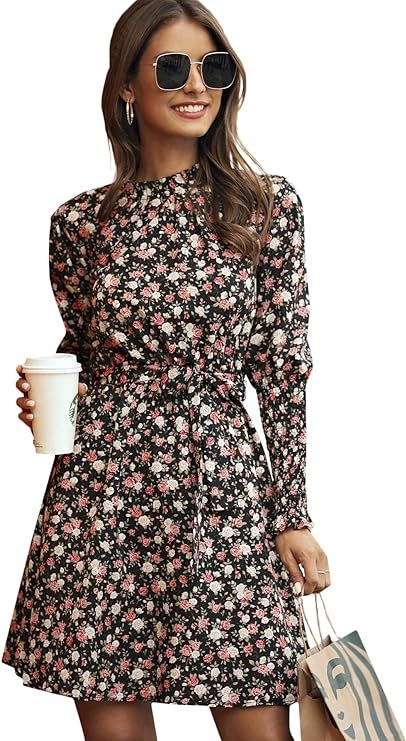 Floerns Women's Floral Print Mock Neck Long Sleeve A line Short Dress | Amazon (US)