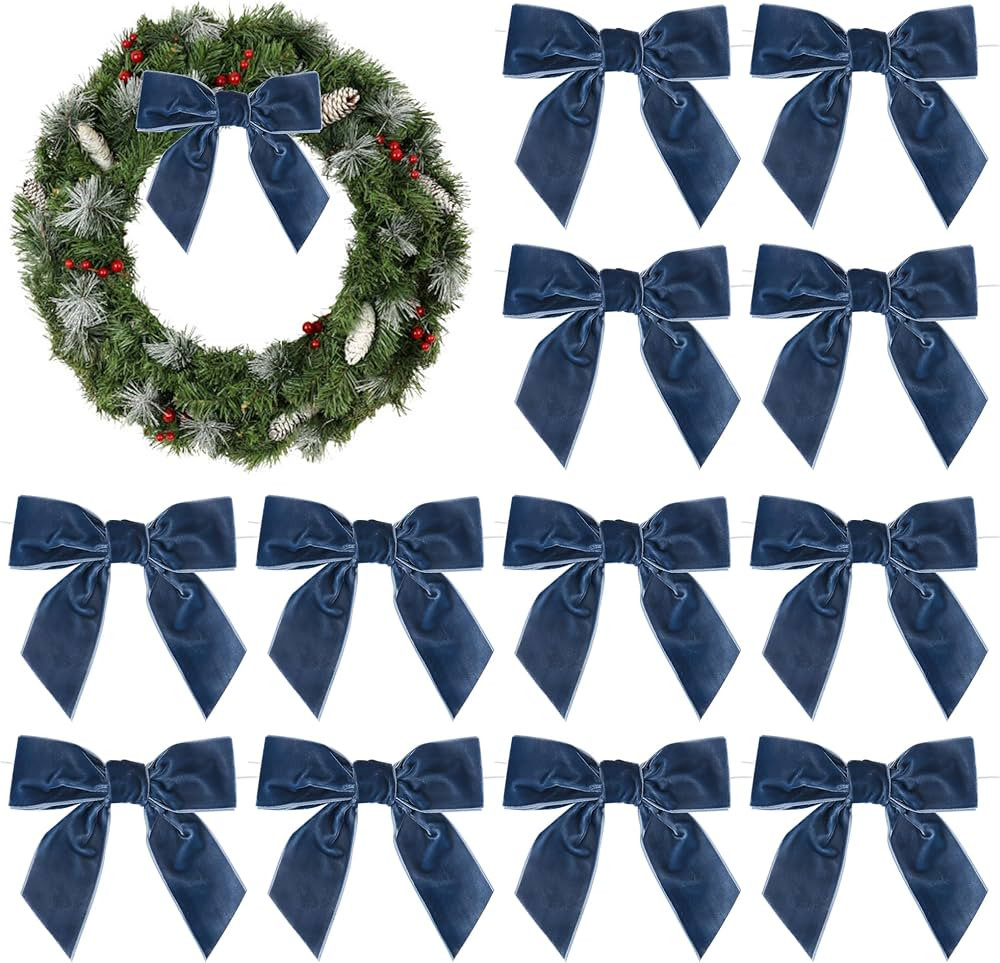 AIMUDI Dusty Blue Velvet Bows 4.5" Blue Christmas Bows for Tree Premade Bows for Wreaths Twist Tie Bows for Gift Wrapping, Festive Winter Decor, Tree Garland, Swag, Wedding Decor - 12 PCs | Amazon (US)