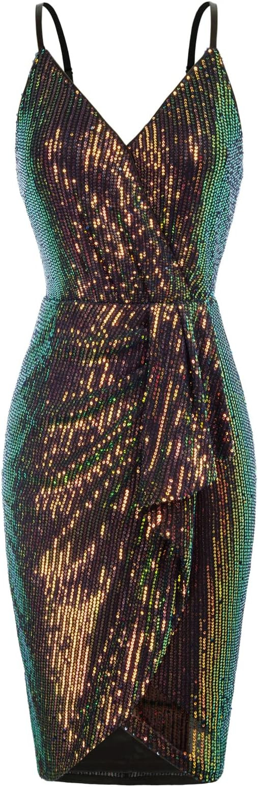 GRACE KARIN Women's Sexy Sequin Dress Wrap V-Neck Ruched Bodycon Spaghetti Straps Cocktail Party ... | Amazon (US)
