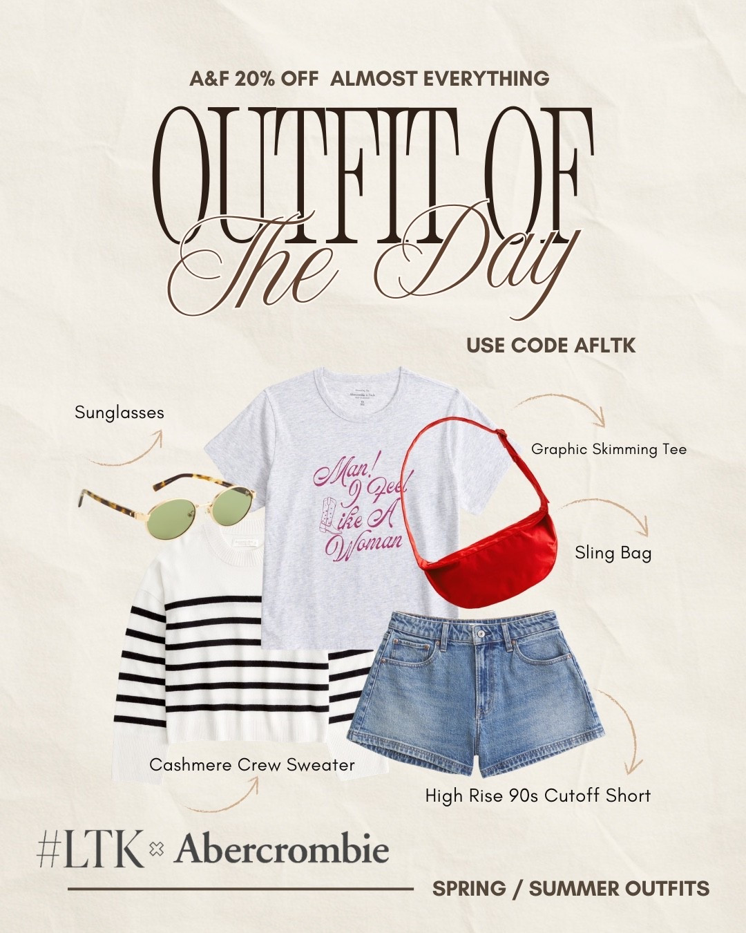 Such a cute everyday summer outfit ❤️ I love the pop of red from the sling bag paired with the graphic tee and denim shorts, and the striped sweater tied over your shoulders gives it that effortless, put together look!! 🚨Don’t forget the Abercrombie x LTK exclusive sale is live now & ends today- take an extra 20% off almost everything with code AFLTK.

wedding guest dress summer, summer outfits, summer dresses, country concert outfits, date night outfits, plus size fashion, business casual workwear, work outfits, vacation outfits beach, travel outfits, Abercrombie style, casual summer outfit, graphic tee outfit, denim shorts outfit, effortless style

#LTKxAbercrombie #LTKootd #LTKgrwm