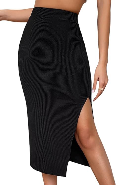 Verdusa Women's High Waist Slit Hem Rib Knit Midi Bodycon Skirt | Amazon (US)