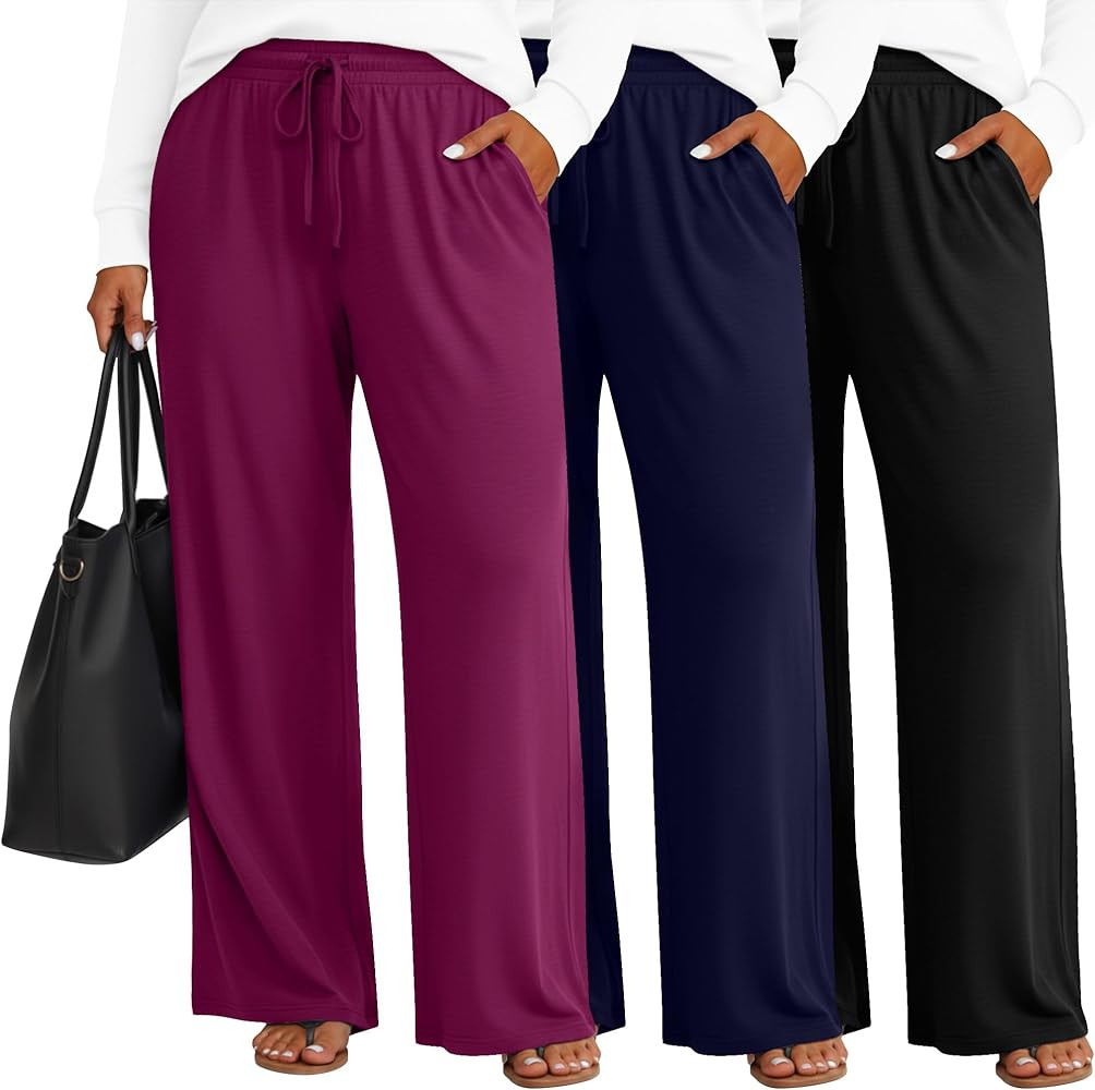 Huukeay 3 Pack Women's Plus Size Wide Leg Lounge Pants, Drawstring Baggy Yoga Pants Casual Loose ... | Amazon (US)