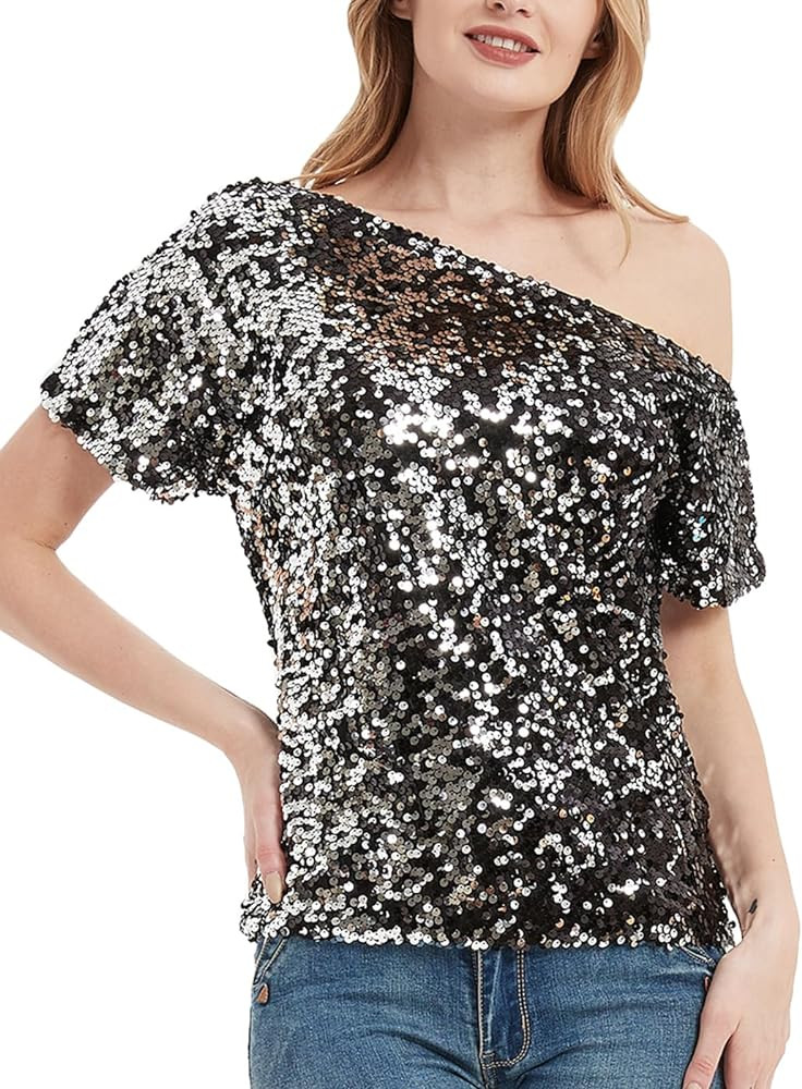 Anna-Kaci Womens Short Sleeve One Shoulder Sparkly Glitter Sequin Top Shirt Blouse | Amazon (US)