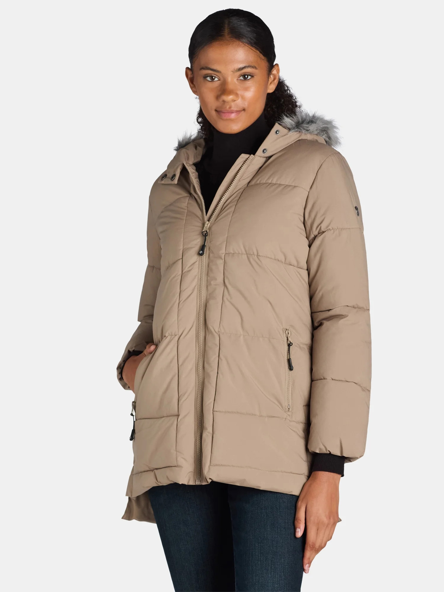 Big Chill Women's and Women's Plus Wide Quilted Puffer Coat with Faux Fur Trim Hood, Sizes S-3X | Walmart (US)