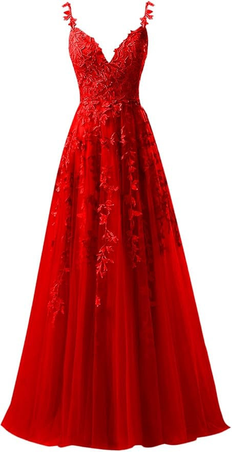 PEIYJYUSP Tulle Lace Appliques V Neck Prom Dresses A Line Wedding Bridesmaid Prom Dress for Teens... | Amazon (US)