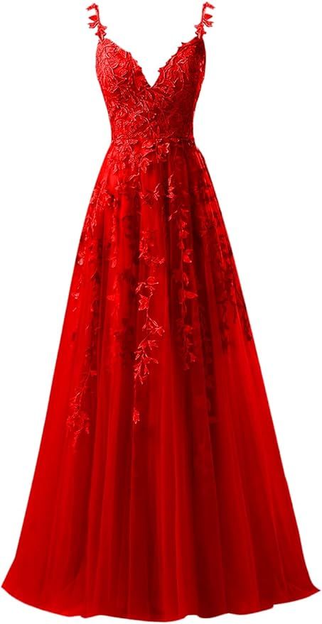 PEIYJYUSP Tulle Lace Appliques V Neck Prom Dresses A Line Wedding Bridesmaid Prom Dress for Teens... | Amazon (US)