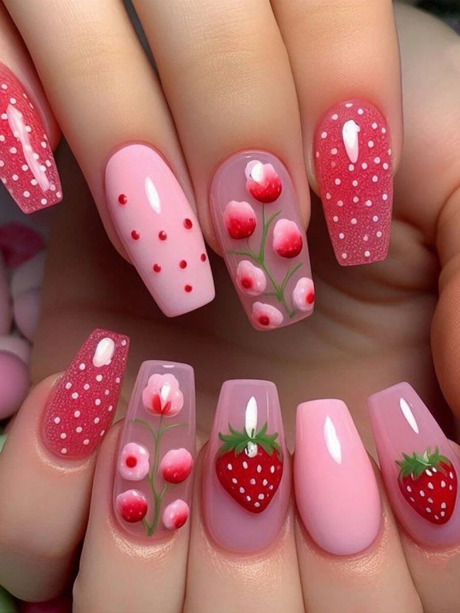 24pcs Red Glossy Strawberry Floral Pattern False Nails, Red Dotted Manicure Nail Patch, Mid-Lengt... | SHEIN