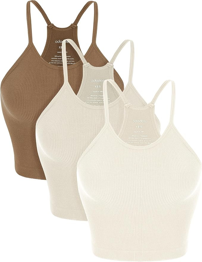 ODODOS Women's Crop 3-Pack Seamless Rib-Knit Camisole Crop Tank Tops | Amazon (US)